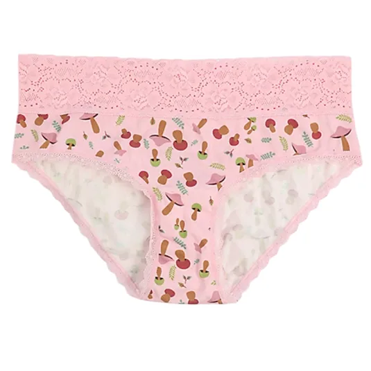 Pink women's panties with a floral lace waistband and a playful mushroom and leaf pattern.