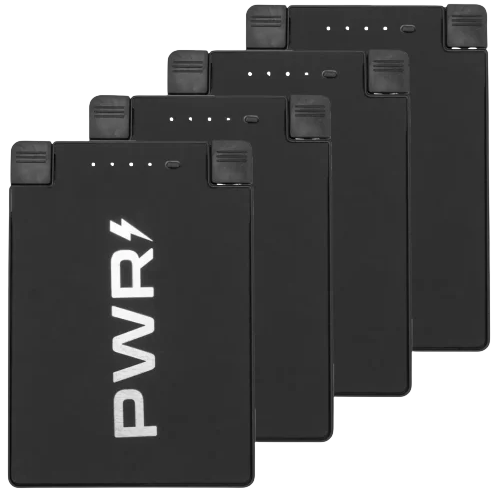 A set of four black portable chargers labeled \“PWR\“ with a lightning bolt symbol, featuring four LED indicators and integrated retractable charging cables.