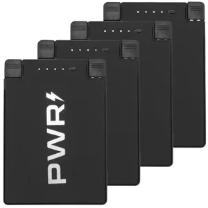 A set of four black portable chargers labeled \“PWR\“ with a lightning bolt symbol, featuring four LED indicators and integrated retractable charging cables.