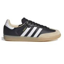 Black Adidas Samba sneaker with white stripes and a gum sole, featuring \“SAMBA\“ text in gold on the side.