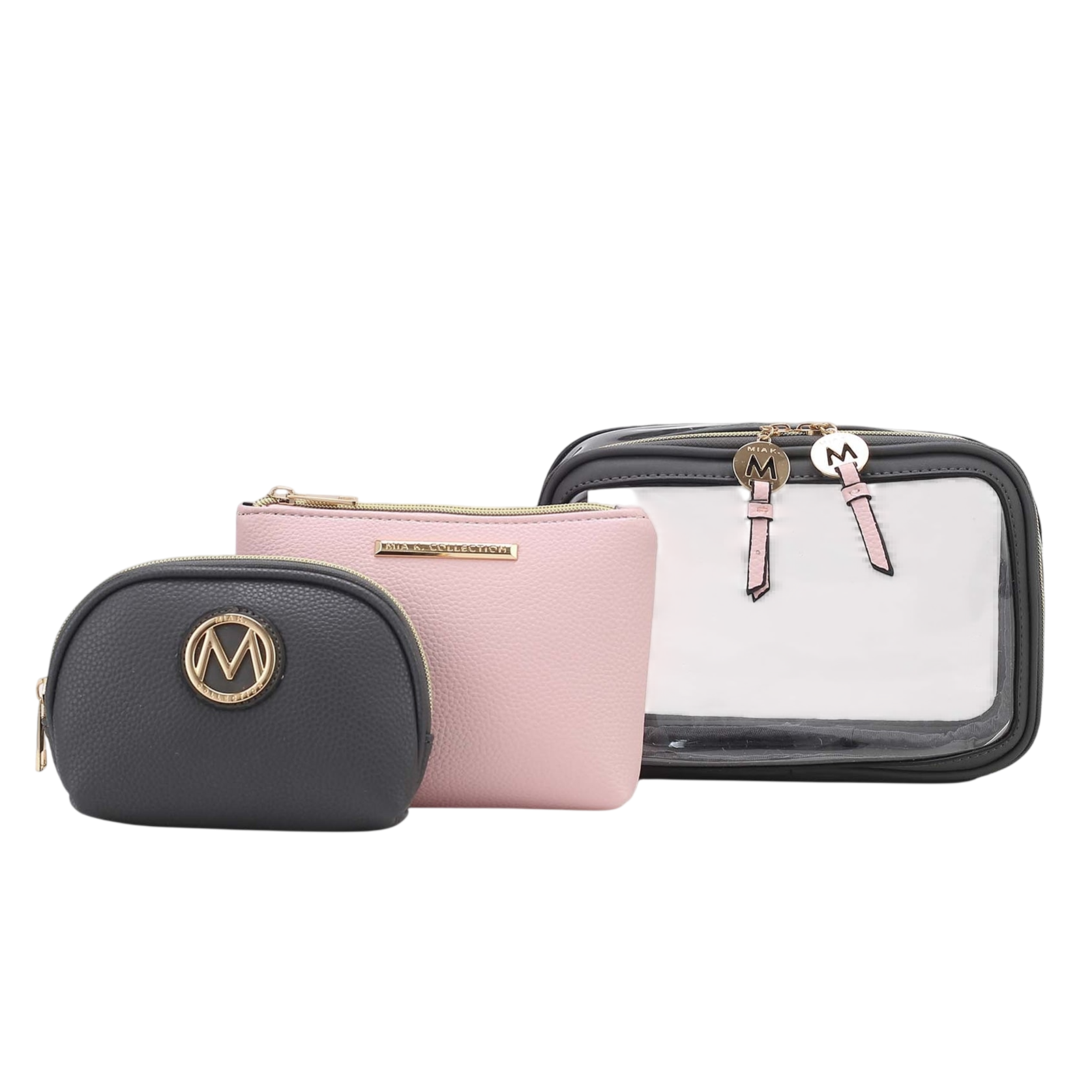 A set of three bags: a small black pouch with a gold logo, a pink pouch with a zipper, and a larger transparent pouch with zipper pulls featuring decorative icons.