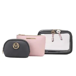 A set of three bags: a small black pouch with a gold logo, a pink pouch with a zipper, and a larger transparent pouch with zipper pulls featuring decorative icons.