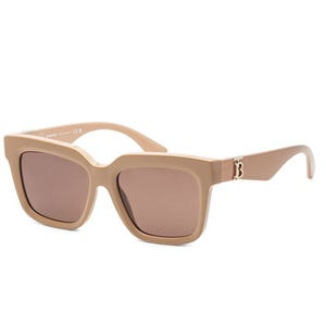 Stylish beige square-frame sunglasses with brown lenses and a small logo detail on the arms.