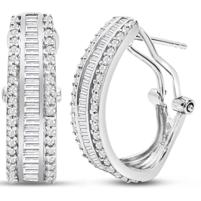A pair of 1ct diamond hoop earrings with a row of baguette-cut diamonds in the center flanked by round-cut diamonds on the edges, set in white gold or silver.