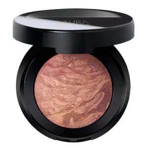 Compact blush container with a marbled pink and rose gold hue, encased in a black compact with a mirrored lid.