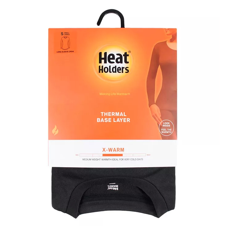 Heat Holders Thermal Base Layer Top offers medium-weight warmth, ideal for very cold days. Size small, long sleeve crew design, labeled as \“X-Warm\“ with a focus on comfort and warmth retention.