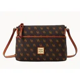 A Dooney & Bourke crossbody bag featuring a brown monogram pattern with \“DB\“ initials and tan leather accents, plus a front logo patch.