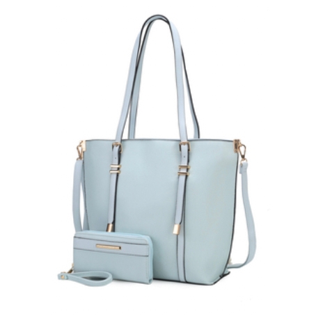 Light blue tote bag with gold accents and matching small wallet.