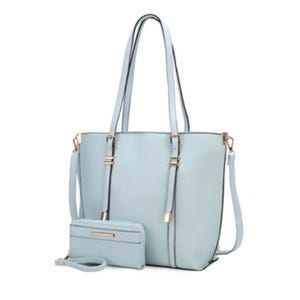 Light blue tote bag with gold accents and matching small wallet.