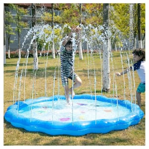 Two children playing in a blue inflatable water sprinkler pad outdoors.