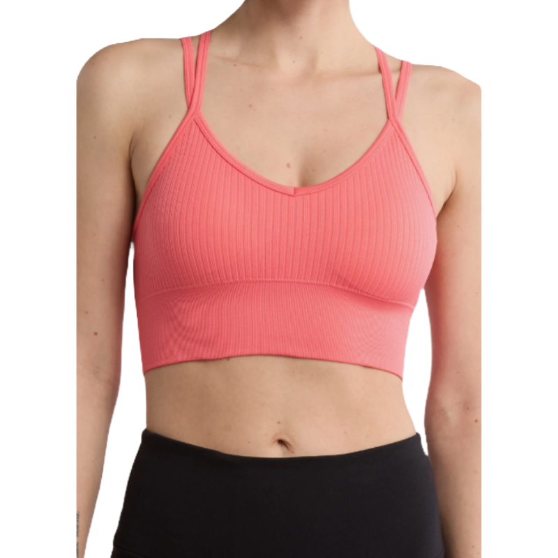 A pink ribbed sports bra with a strappy racerback design, featuring double shoulder straps and a V-neckline.