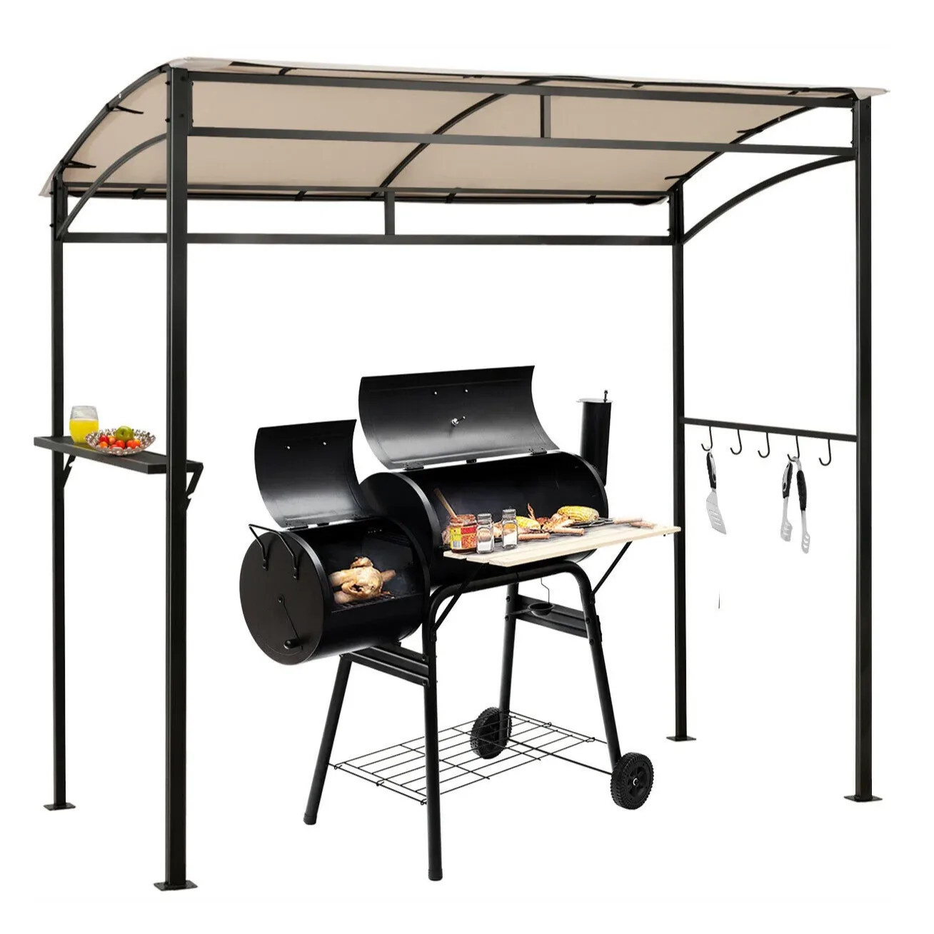 A gazebo with a canopy provides cover for a charcoal grill and smoker combo, featuring a preparation shelf on the left and hanging hooks for tools on the right.