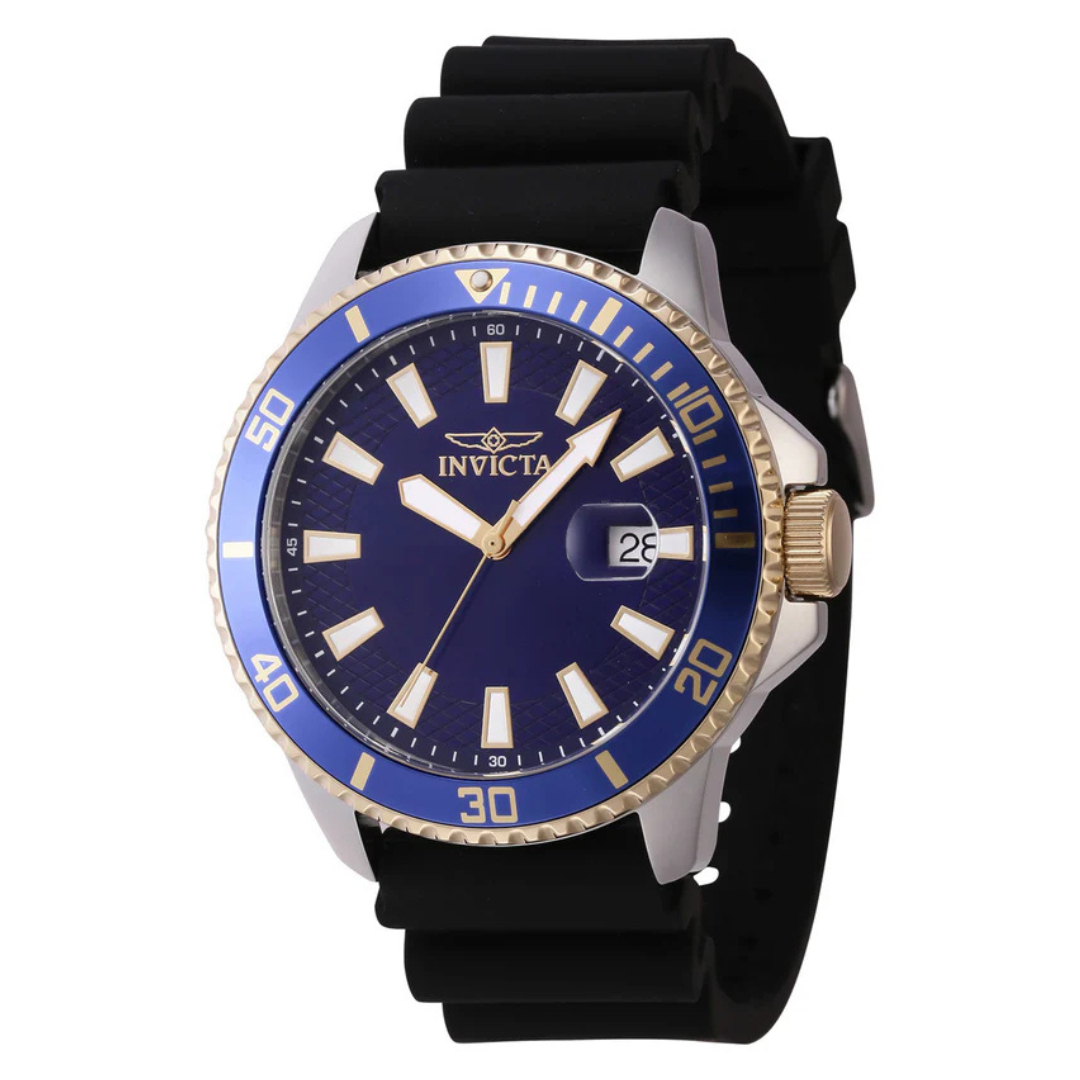 Invicta watch with a blue dial, gold-tone accents, and a black rubber strap. The watch features a unidirectional bezel with minute markers and a date display at the 3 o'clock position.