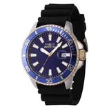 Invicta watch with a blue dial, gold-tone accents, and a black rubber strap. The watch features a unidirectional bezel with minute markers and a date display at the 3 o'clock position.