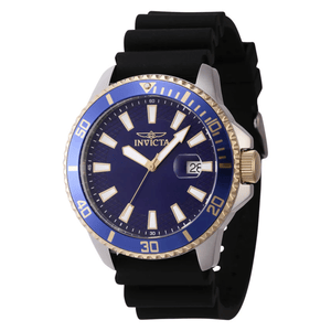 Invicta watch with a blue dial, gold-tone accents, and a black rubber strap. The watch features a unidirectional bezel with minute markers and a date display at the 3 o'clock position.