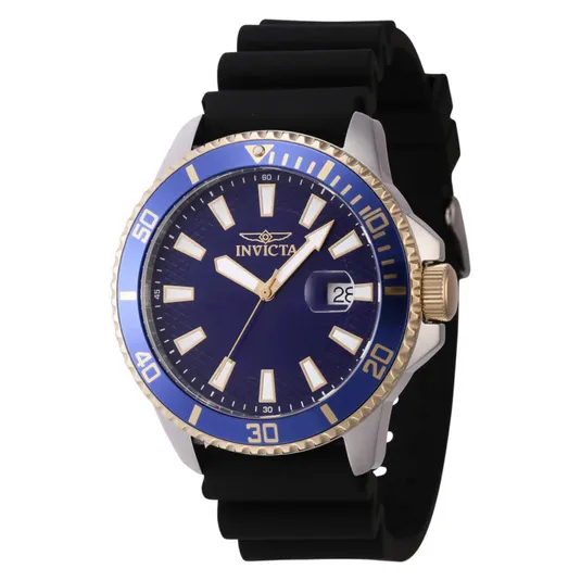 Invicta watch with a blue dial, gold-tone accents, and a black rubber strap. The watch features a unidirectional bezel with minute markers and a date display at the 3 o'clock position.