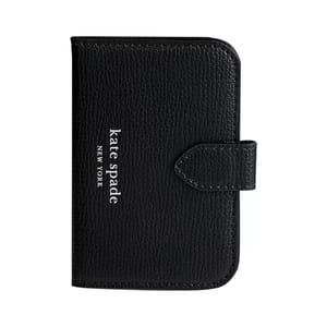Black Kate Spade New York MagSafe Wallet with a pebble leather texture, featuring a magnetic closure and the brand's logo in white on the front.
