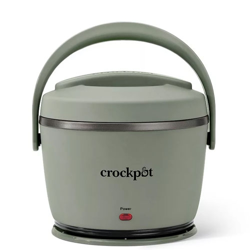 A portable Crockpot lunch warmer with a handle and power indicator, designed for warming meals on the go.