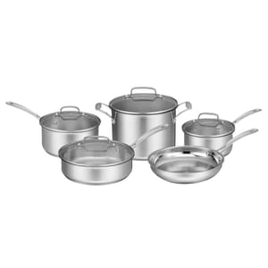A five-piece stainless steel cookware set, including a stockpot, saucepan, sauté pan, frying pan, and additional saucepan, each with lids and long handles.
