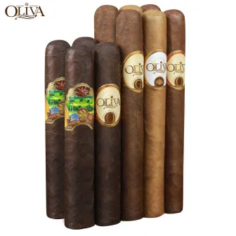 A set of 10 Oliva cigars with various wrappers and labels, including darker and lighter shades.