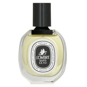 Diptyque L'Ombre Dans L'Eau Eau de Toilette features a transparent oval bottle with a black cap, displaying a classic label. The fragrance is known for its blend of blackcurrant leaves and Bulgarian rose.
