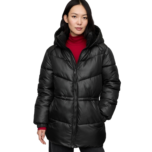 A black Gap Factory Midi Puffer Coat with a hood, featuring a quilted design and front zipper closure. The model wears a red turtleneck underneath, highlighting the coat's length and warm, insulated style.