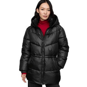 A black Gap Factory Midi Puffer Coat with a hood, featuring a quilted design and front zipper closure. The model wears a red turtleneck underneath, highlighting the coat's length and warm, insulated style.
