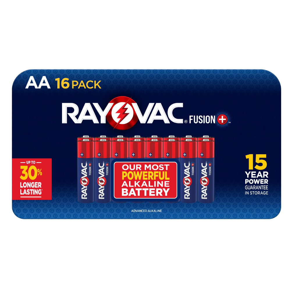 Rayovac Fusion AA batteries, 16 pack, claims to be the most powerful alkaline battery with up to 30% longer lasting power and a 15-year storage guarantee.