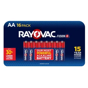 Rayovac Fusion AA batteries, 16 pack, claims to be the most powerful alkaline battery with up to 30% longer lasting power and a 15-year storage guarantee.