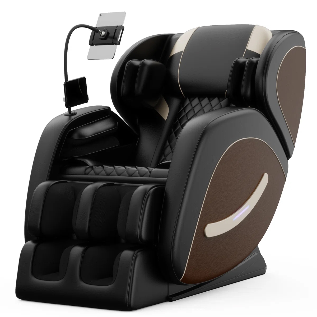 A black and brown massage chair with a built-in tablet holder and padded footrests, designed for comfort and relaxation.