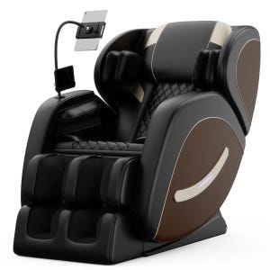 A black and brown massage chair with a built-in tablet holder and padded footrests, designed for comfort and relaxation.