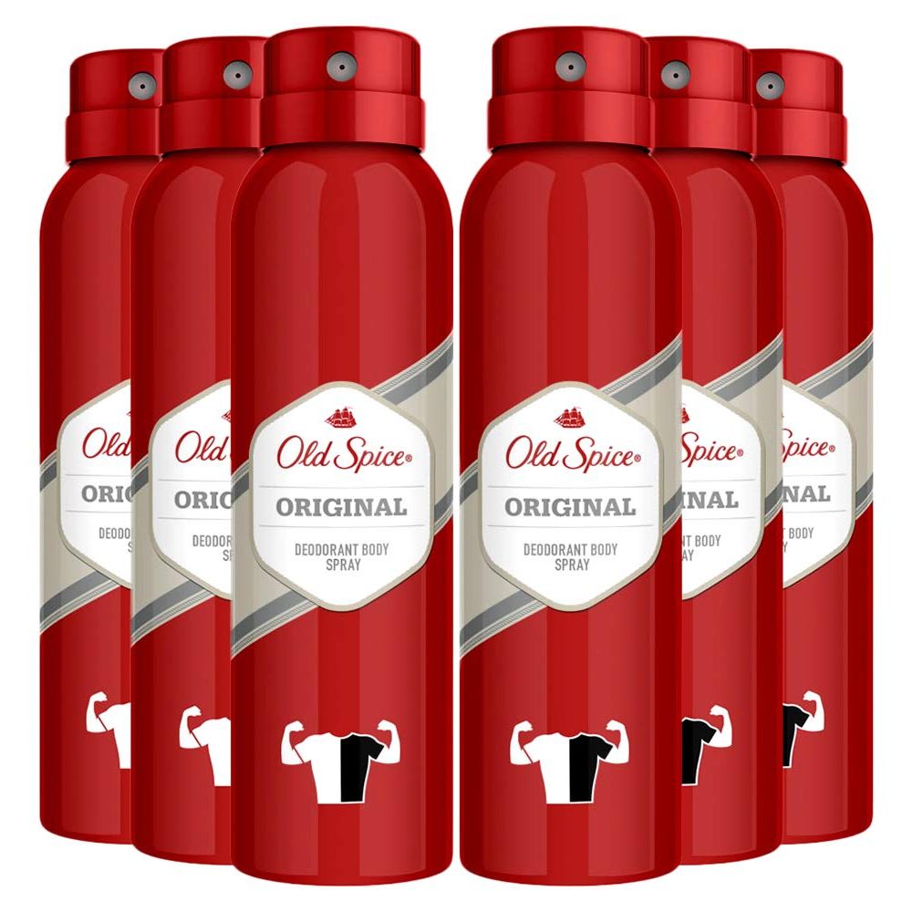 Six red cans of Old Spice Original Deodorant Body Spray, each with a flexing arm and shirt icon on the label.