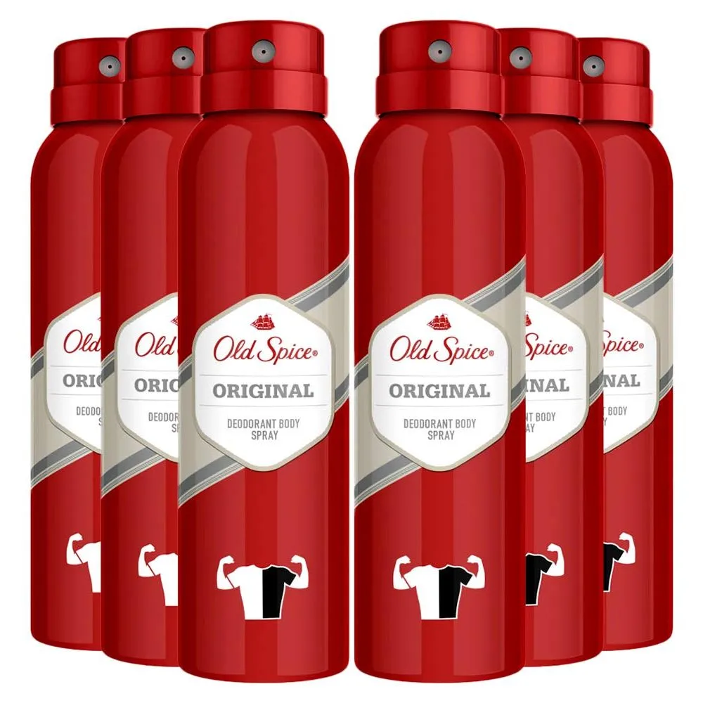 Six red cans of Old Spice Original Deodorant Body Spray, each with a flexing arm and shirt icon on the label.