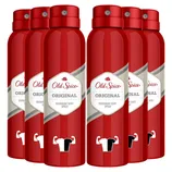 Six red cans of Old Spice Original Deodorant Body Spray, each with a flexing arm and shirt icon on the label.