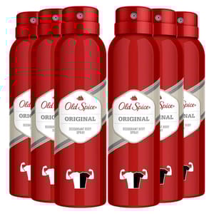 Six red cans of Old Spice Original Deodorant Body Spray, each with a flexing arm and shirt icon on the label.