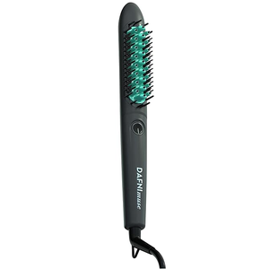 A Dafni Muse heated hair straightening brush with a sleek black design and turquoise bristles.