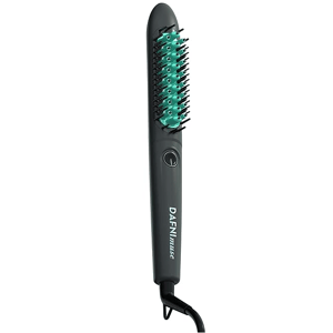 A Dafni Muse heated hair straightening brush with a sleek black design and turquoise bristles.