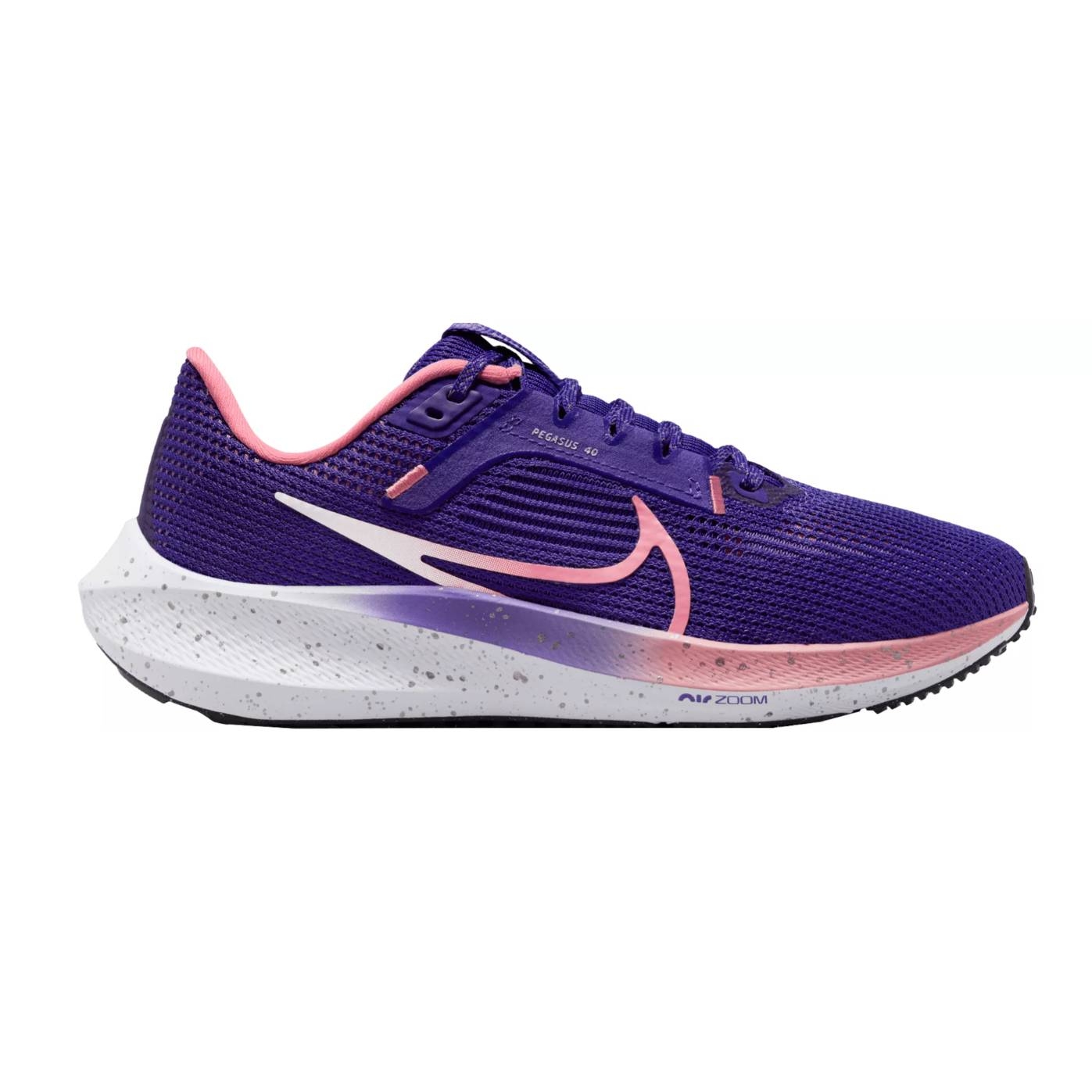 A purple and white running shoe with pink accents and a speckled sole.