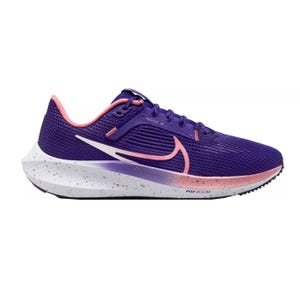 A purple and white running shoe with pink accents and a speckled sole.