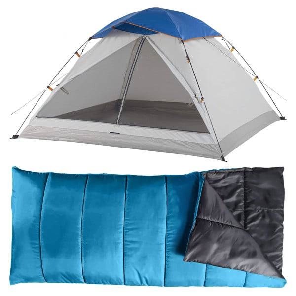 A camping bundle featuring a dome tent with a blue rainfly and a gray body, alongside a blue sleeping bag with a black interior, designed for outdoor use.