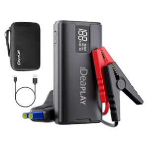 A portable car battery jump starter with an LCD display, jumper cables, and a USB cable, along with a carrying case.