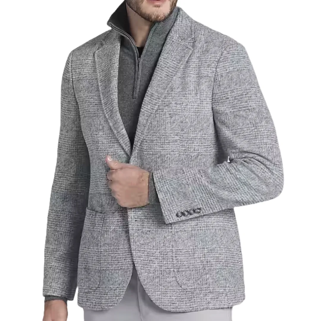 Gray plaid knit sportcoat with a notched lapel, four-button cuff, patch pockets, and a two-button closure, paired with a dark gray quarter-zip sweater underneath.