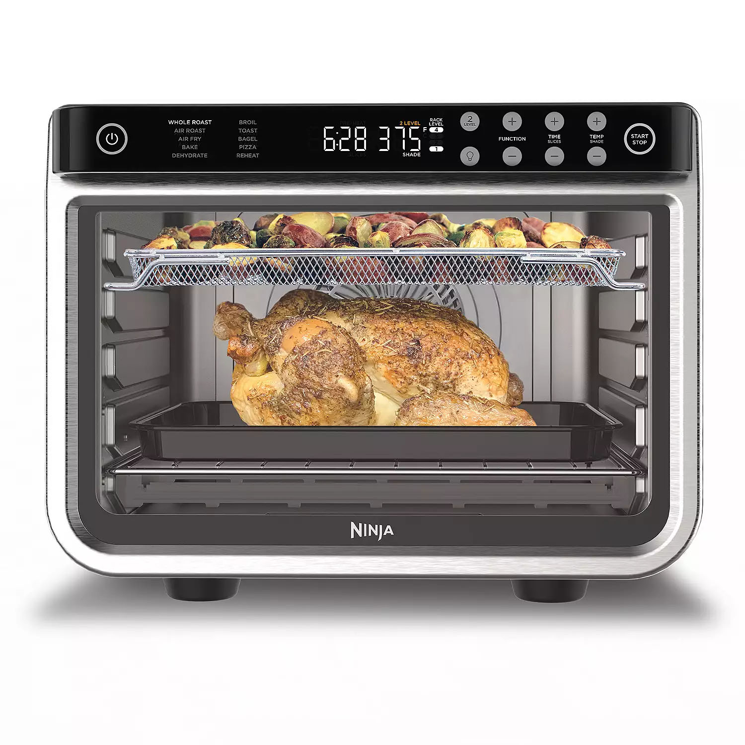 The Ninja Air Fryer Oven is a countertop appliance with multiple cooking functions, including whole roast, air fry, and bake. It features a digital control panel and shows a roast chicken and vegetables cooking inside.