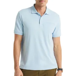 A man is wearing a light blue short-sleeve polo shirt with a collar and a pocket on the chest. He pairs it with brown pants and a watch.