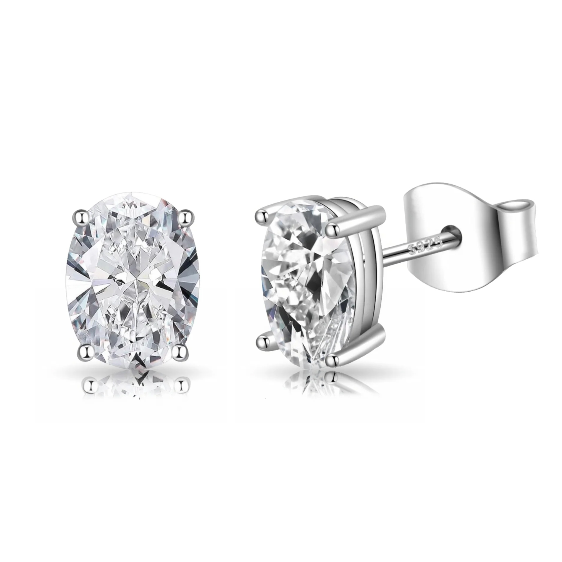 A pair of oval-cut clear gemstone stud earrings set in a four-prong silver setting with butterfly backs, marked \“S925\“ indicating sterling silver.