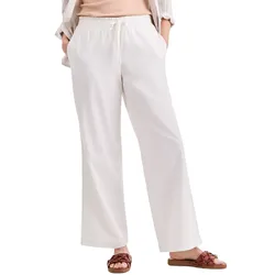 White wide-leg pants with an elastic waistband and drawstring, paired with brown flat sandals.