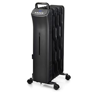 Oil-filled radiator heater with digital controls and wheels for portability.