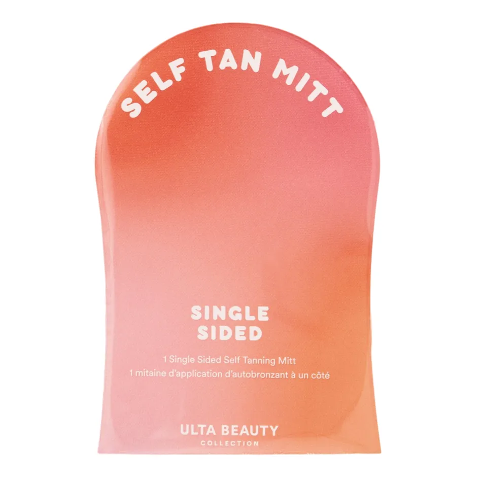 Self Tan Mitt by Ulta Beauty Collection, single-sided for applying self-tanner. Packaging is pink and orange.