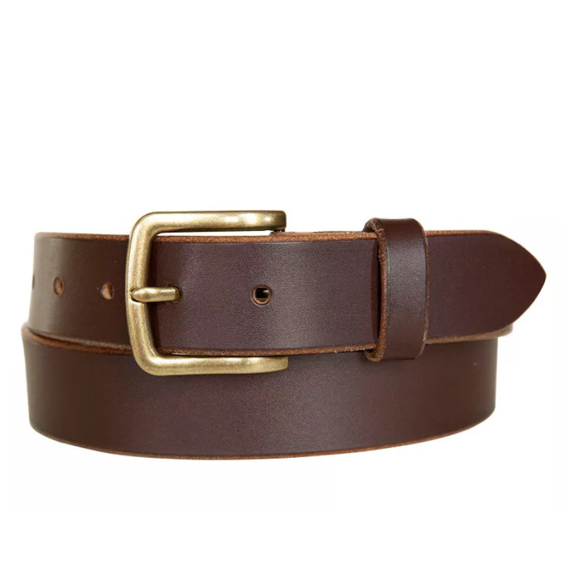 Brown leather belt with a brass-toned buckle, featuring multiple holes for adjustable sizing.