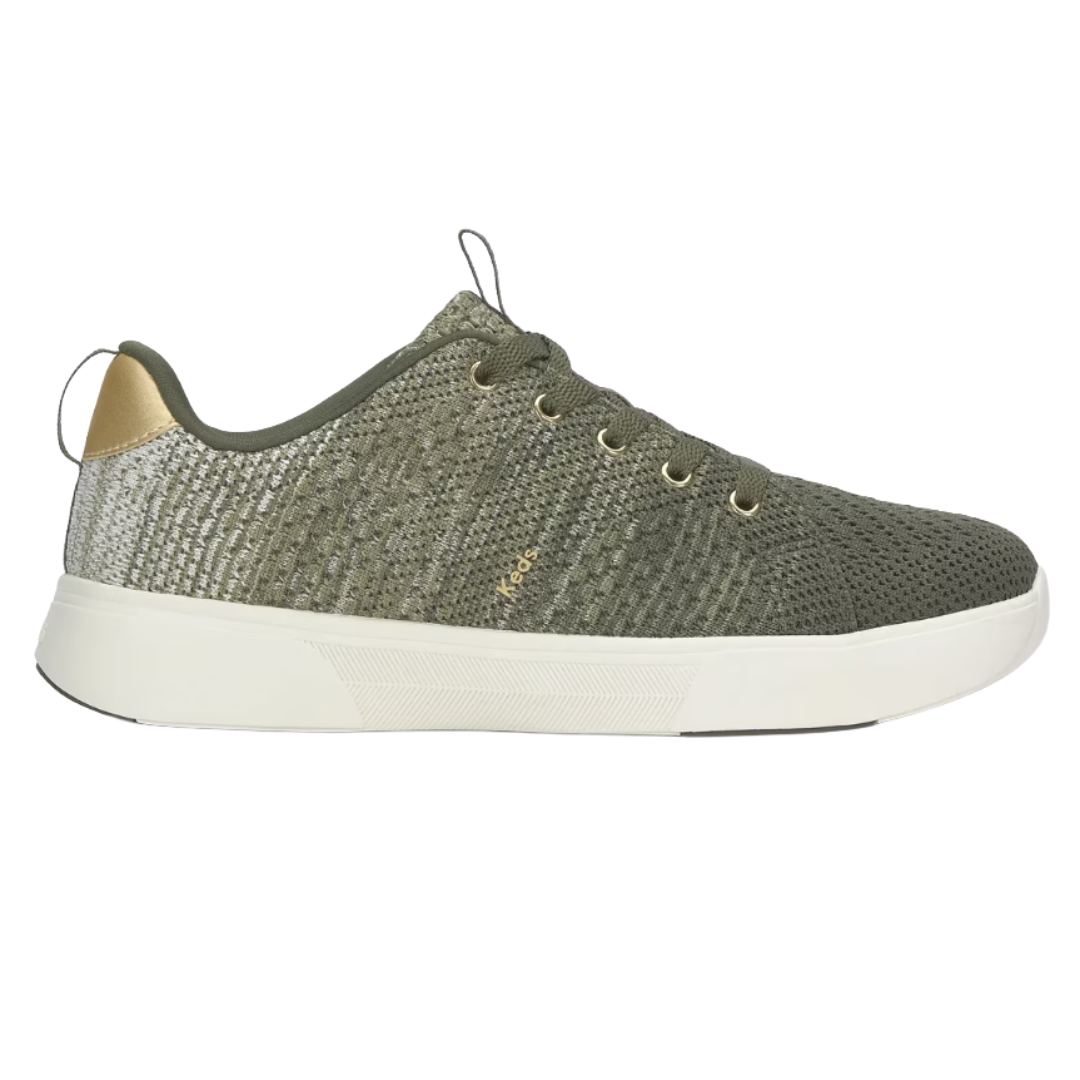 Olive green sneaker with a textured knit upper, white sole, and gold accents.